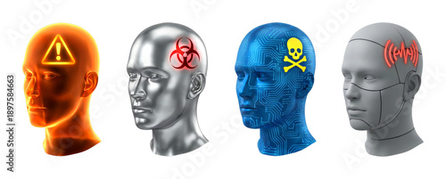 Four stylized human heads display various digital threats and dangers, representing concepts of cybercrime, biohazard, and mental distress.