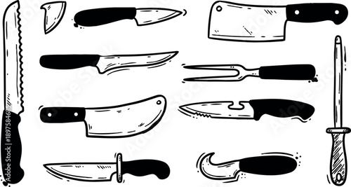 Black and white hand drawn kitchen knives set with various blade types including serrated cleaver paring and carving knives