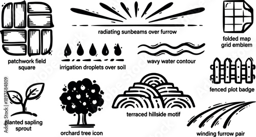 Hand drawn black ink farming icons with irrigating droplets and wavy water contour and terraced hillside in sketch style
