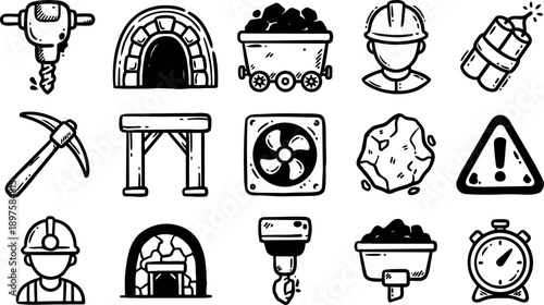 Black and white hand drawn mining tools equipment cart helmet pickaxe rock and warning icon set in simple line art style
