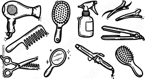Hand drawn black and white hair care tools collection including hair dryer comb scissors spray curling iron mirror and brushes