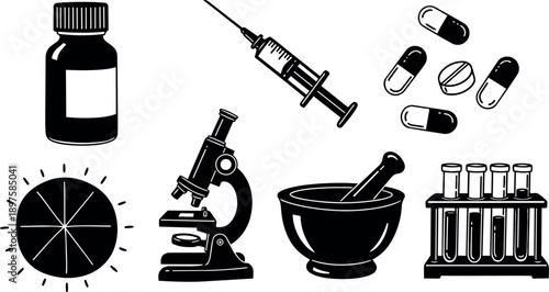 Black and white medical laboratory icons of syringe medicine vial microscope pills test tubes and mortar pestle