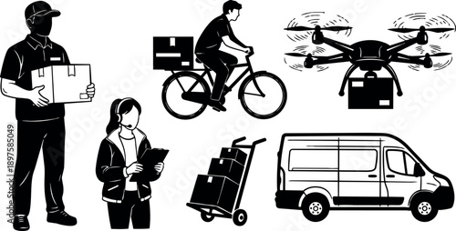 Monochrome vector art showing logistics delivery man holding box, courier riding bike with parcels, drone carrying package, worker with headset and clipboard, van and hand truck with boxes