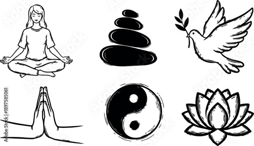 Black sketch style meditation woman in lotus pose with praying hands dove yin yang and lotus flower icons vector art set