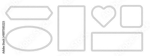 Rope frame border set isolated on white bg. Circle, square, oval and heart shape in sea sailor theme, nautical rope collection, flat vector illustration. Travel and marine loop and cord frames.