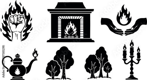 Black silhouette icons of fiery fist, flaming fireplace, burning kettle, holding fire hands, grouped trees, and candle holder illustrations in vector style