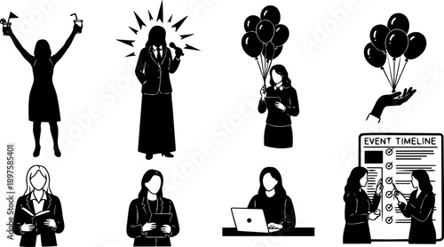 Silhouettes of business women celebrating, holding balloons, presenting event timeline, working on laptop and reading documents in minimalist vector style