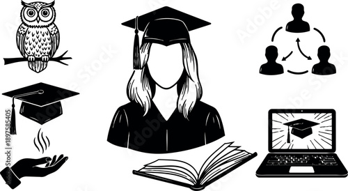 Flat design female graduate portrait with mortarboard, open book, laptop graduation icon, owl wisdom symbol, hand offering cap, collaboration silhouettes