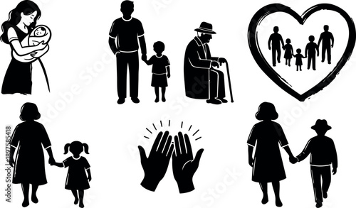 Black and white vector silhouettes of multi generational family members holding hands with heart symbol illustrating love care and connection in minimalist style