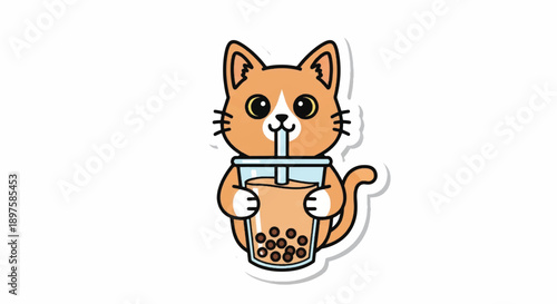 Playful Cartoon Cat Enjoying Bubble Tea in a Bright Illustration.