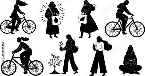 Black silhouette women riding bicycles carrying reusable bags and planting trees eco friendly lifestyle activities flat design vector art