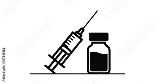 A black syringe and vial depicted in a minimalist silhouette