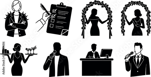 Silhouette vector icons of confident woman with spiked jacket, checklist writing hand, bride under floral arch, and man speaking with microphone in formal suit
