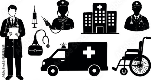Black and white silhouette healthcare icons including doctor holding clipboard nurse with syringe hospital ambulance and wheelchair