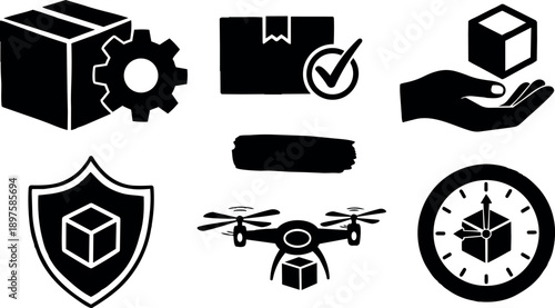 Black silhouette icon set showing parcel management gear hand cube shield drone package clock delivery time