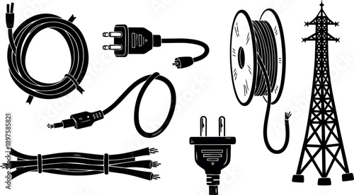 Black silhouette collection of electric cables, power plugs, rolled wire spool, and vintage transmission tower illustration