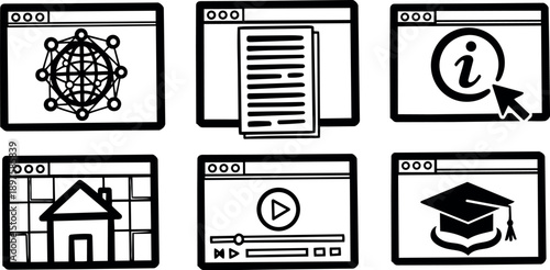 Line art browser icon set showing network, document, info, home, video player and graduation cap in hand drawn black style