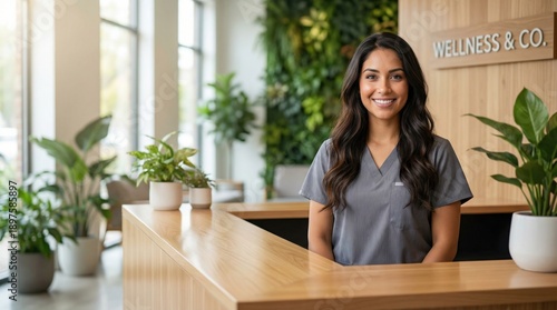 Friendly receptionist in a modern wellness center with lush greenery and natural wood accents