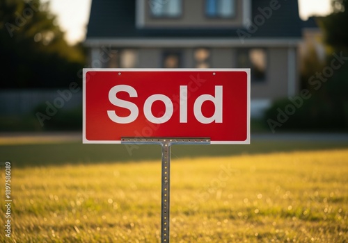 Wallpaper Mural Red "Sold" sign in front of suburban house, symbolizing successful real estate transaction, property sale, housing market, and residential investment Torontodigital.ca