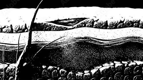 Photos Detailed cross-section of skin layers showing follicles and subcutaneous tissue, scientific medical illustration in stark black and white