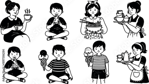 Black and white vector art of children eating ice cream and noodles with women serving tea and snacks in casual poses