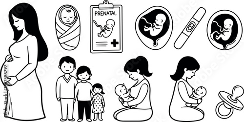 Black and white vector set of pregnant woman family baby breastfeeding infant pacifier prenatal care icons