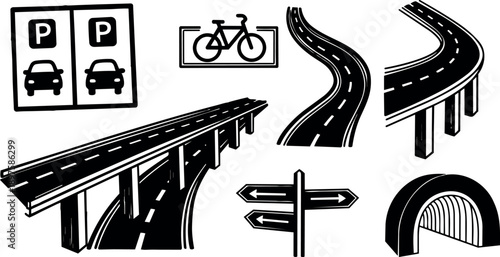 Black and white vector art of curving elevated roads with parking and bicycle signs along with directional arrows and tunnel entrance