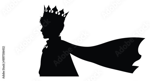 A regal figure with a crown and cape in black silhouette