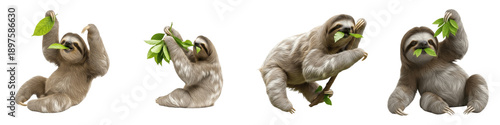 Set and Collection of Sloths Eating Green Leaves, Tropical Mammal Feeding Action Poses Isolated on White Transparent PNG Background