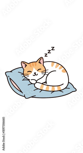 A Cute Orange and White Cat Sleeping Peacefully on a Blue Pillow in a Cozy Illustration.