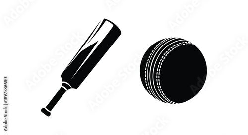 Cricket bat and ball isolated on a white background silhouette