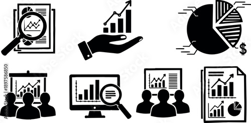 Black silhouette icons set showing business charts, magnifying glass analyzing graphs, audience watching presentation and finance report pages