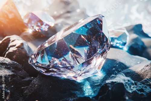 Macro shot of a brilliant, multifaceted diamond sparkling with internal fire and reflections, resting on a rough, dark surface, symbolizing luxury and preciousness.