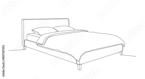 Simple line drawing of a bed with pillows and bedding silhouette