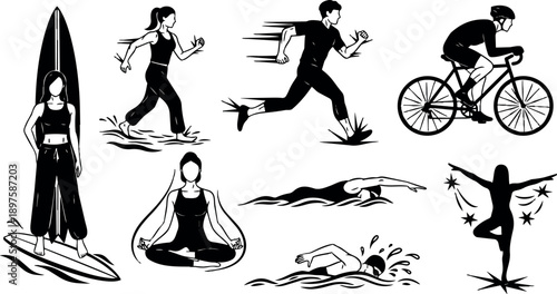 Black silhouette vector set of people surfing, running, cycling, swimming, meditating, and dancing with dynamic motion and fitness actions