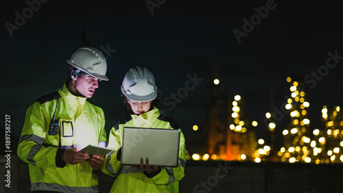 Fotografie Two industrial workers in hard hats and high-vis gear work at night