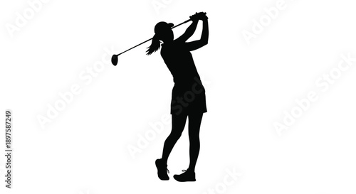A female golfer taking a swing against a white backdrop silhouette