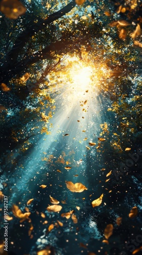 Magical sunlight beams pierce through dense autumn forest canopy, illuminating falling golden leaves and sparkling dust particles, creating a dreamlike and ethereal atmosphere.