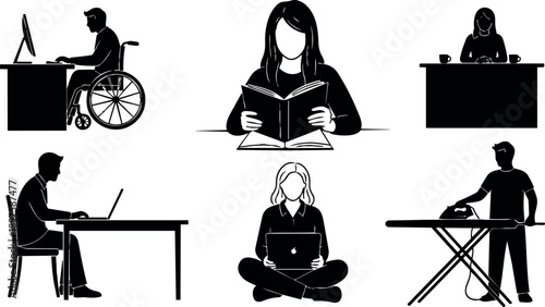 Silhouette vector illustrations of diverse people reading, typing on laptop, ironing clothes, and working at desk in black and white minimalist style