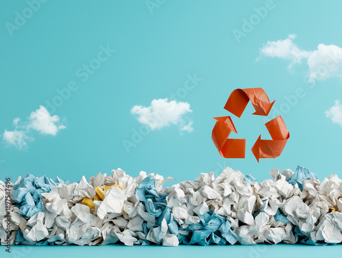 A pile of trash with a paper recycling symbol on top