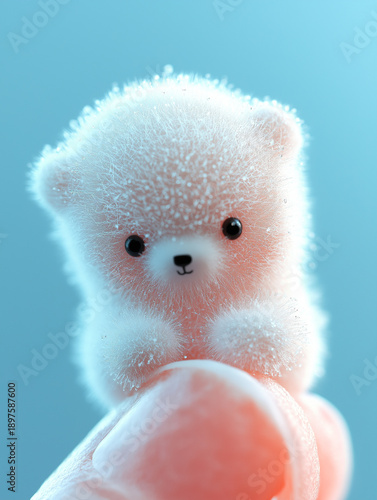 A small white teddy bear with a fuzzy appearance is sitting on a person's finger