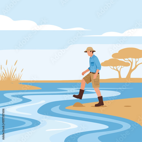 Adventurous Explorer Crossing Water in African Savannah Landscape Illustration