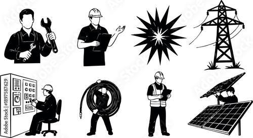 Black and white vector art of engineers and technicians working with tools, solar panels, power lines, control panels, and equipment in industrial energy settings