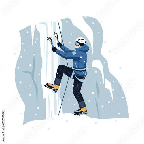 Adventurous Ice Climber Ascends Frozen Vertical Terrain