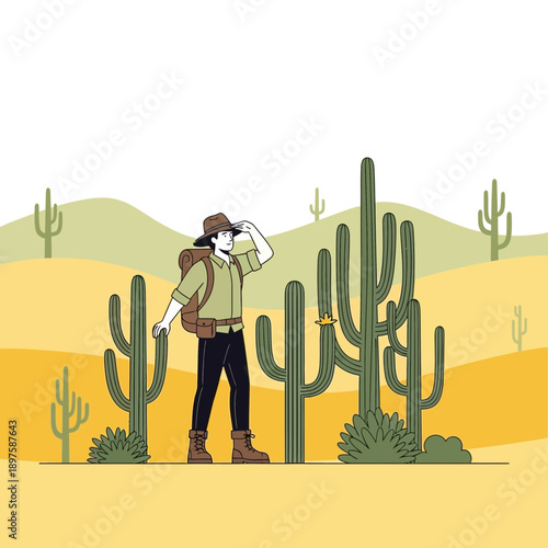 Adventurous Explorer Discovering Vast Desert Oasis Amidst Cacti