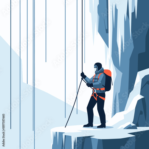 Adventurous Ice Climber Descends Frozen Mountain Face