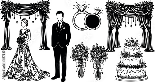 Elegant black and white wedding couple standing near floral decorated arch with bridal bouquets and decorated tiered cake vector art