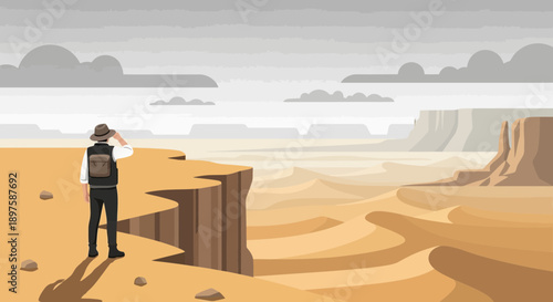 Adventurous Explorer Gazing Over Vast Desert Canyon Landscape