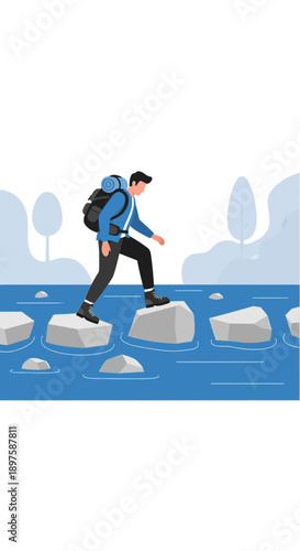 Adventurous Person Navigates Stepping Stones Across Water Body With Backpack