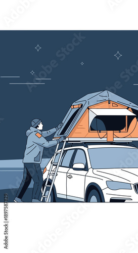 Adventurous Person Setting Up Rooftop Tent For Camping Trip Under Starry Sky